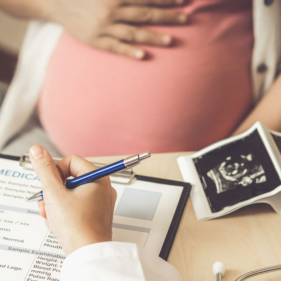 Doctor has consultation with pregnant patient.